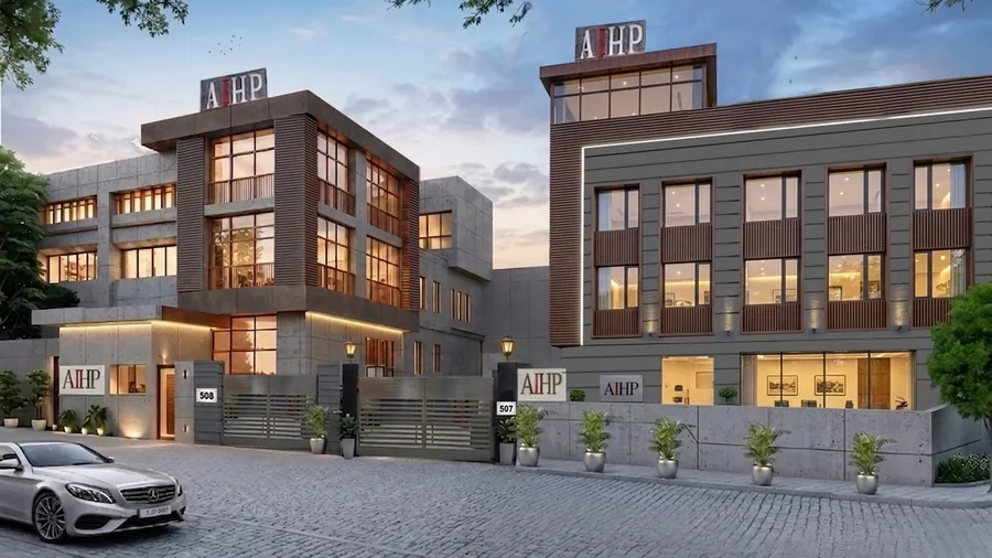 AIHP 507-508 building facade at dusk, Udyog Vihar Phase III, Gurgaon