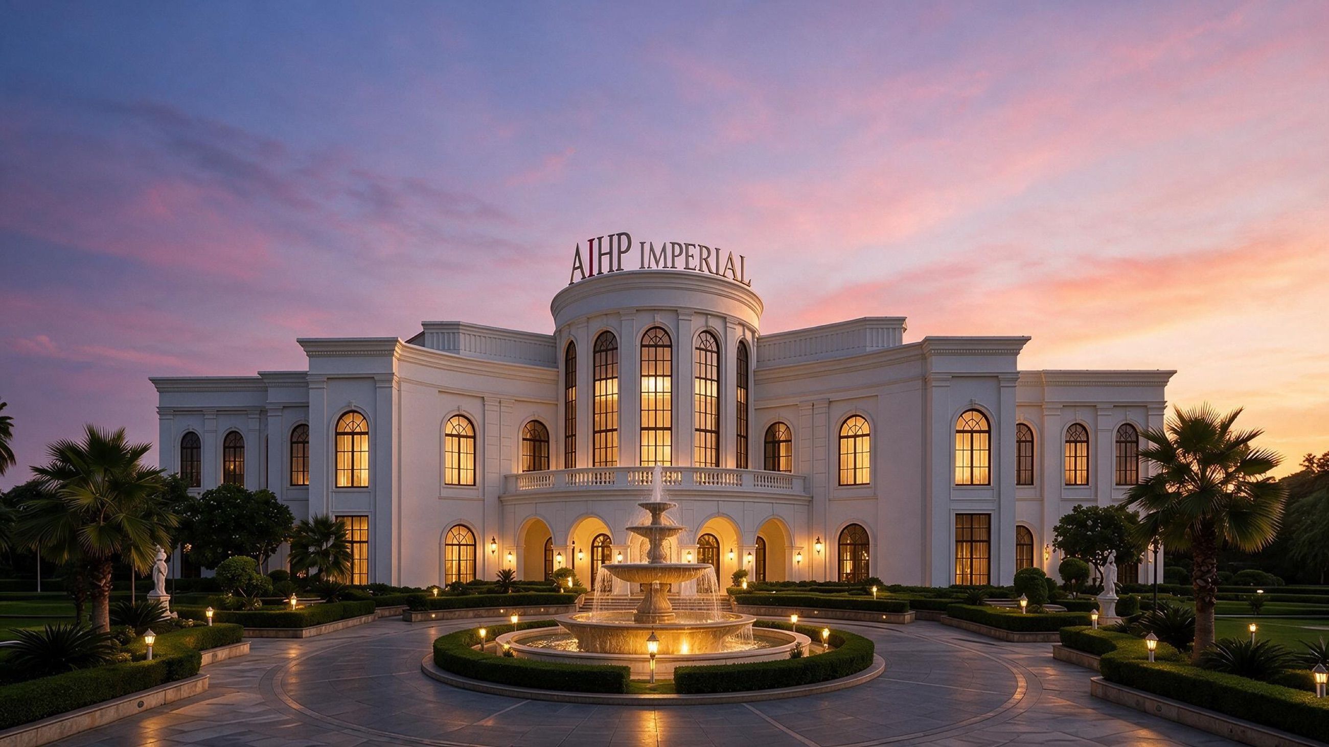 AIHP Imperial at dusk — illuminated neoclassical facade and fountain court, Sector 32 Gurgaon