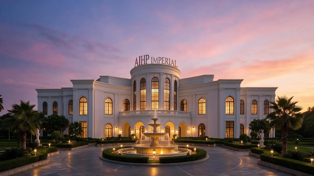 AIHP Imperial at dusk — illuminated neoclassical facade and fountain court, Sector 32 Gurgaon