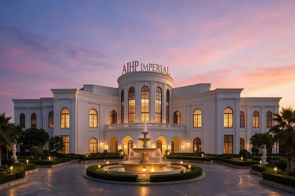 AIHP Imperial at dusk — illuminated neoclassical facade and fountain court, Sector 32 Gurgaon