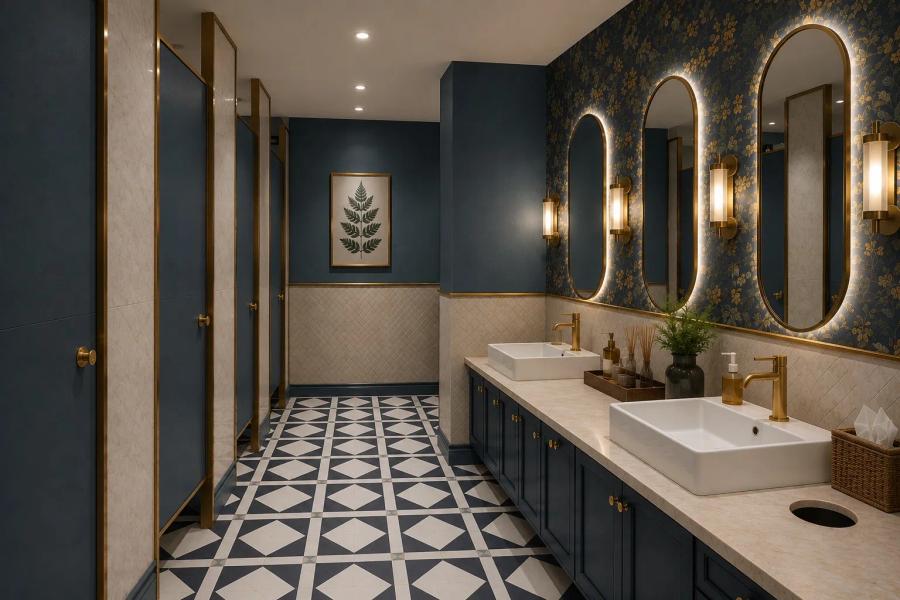 Design render of navy-blue washroom with gold-trim mirrors, twin vessel basins and patterned tile, AIHP One, Golf Course Extension Road Gurgaon