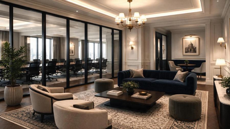 Breakout lounge adjoining a glass-walled meeting room at AIHP Imperial, Sector 32 Gurgaon