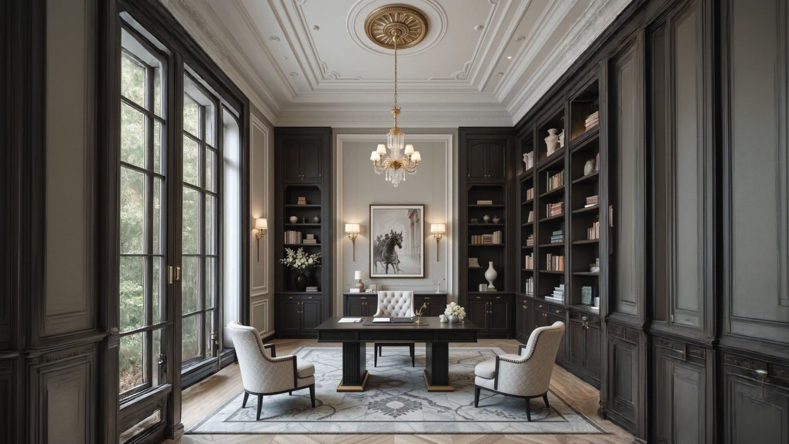 MD cabin with dark timber panelling and library shelving at AIHP Imperial, Sector 32 Gurgaon