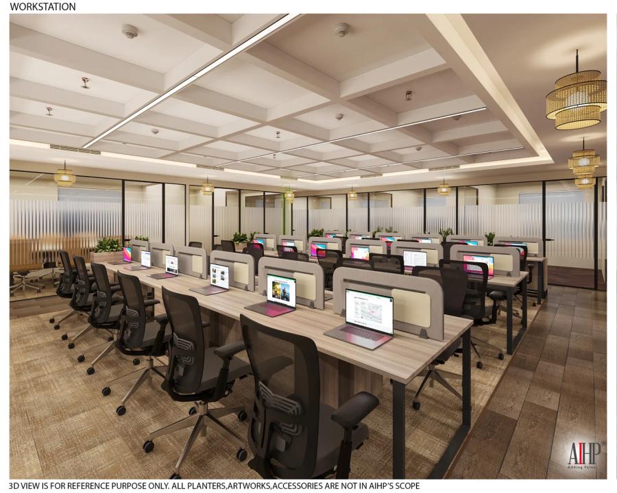 Design render of open-plan workstation rows with mesh chairs and rattan pendant lights, AIHP One, Golf Course Extension Road Gurgaon