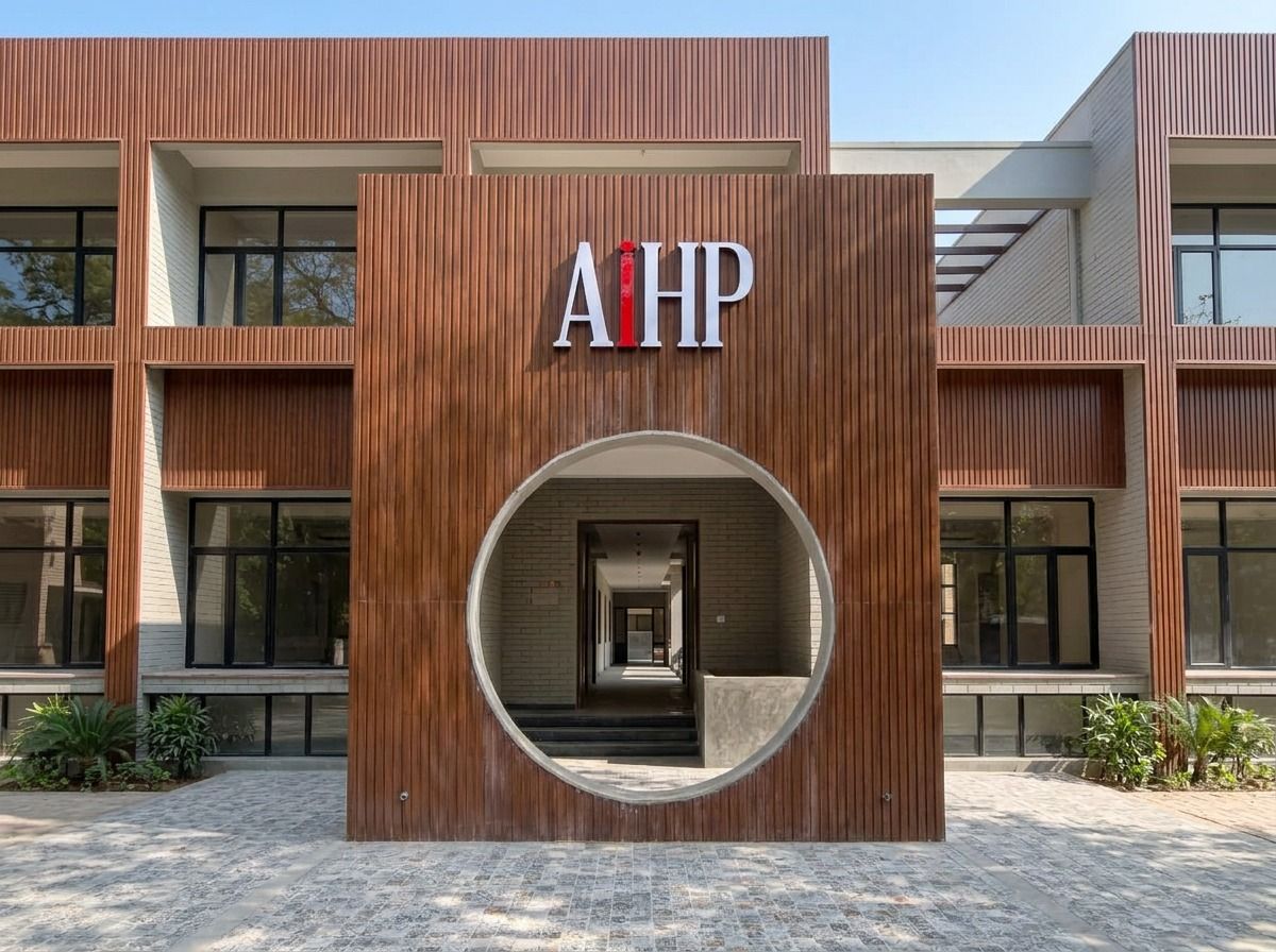AIHP SCO 29B facade with wood-slat cladding and a circular entrance arch, Sector 32 Gurgaon