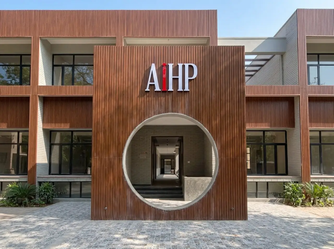 AIHP SCO 29B facade with wood-slat cladding and a circular entrance arch, Sector 32 Gurgaon
