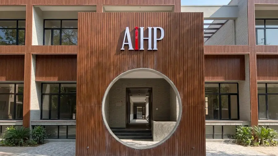 AIHP SCO 29B facade with wood-slat cladding and a circular entrance arch, Sector 32 Gurgaon