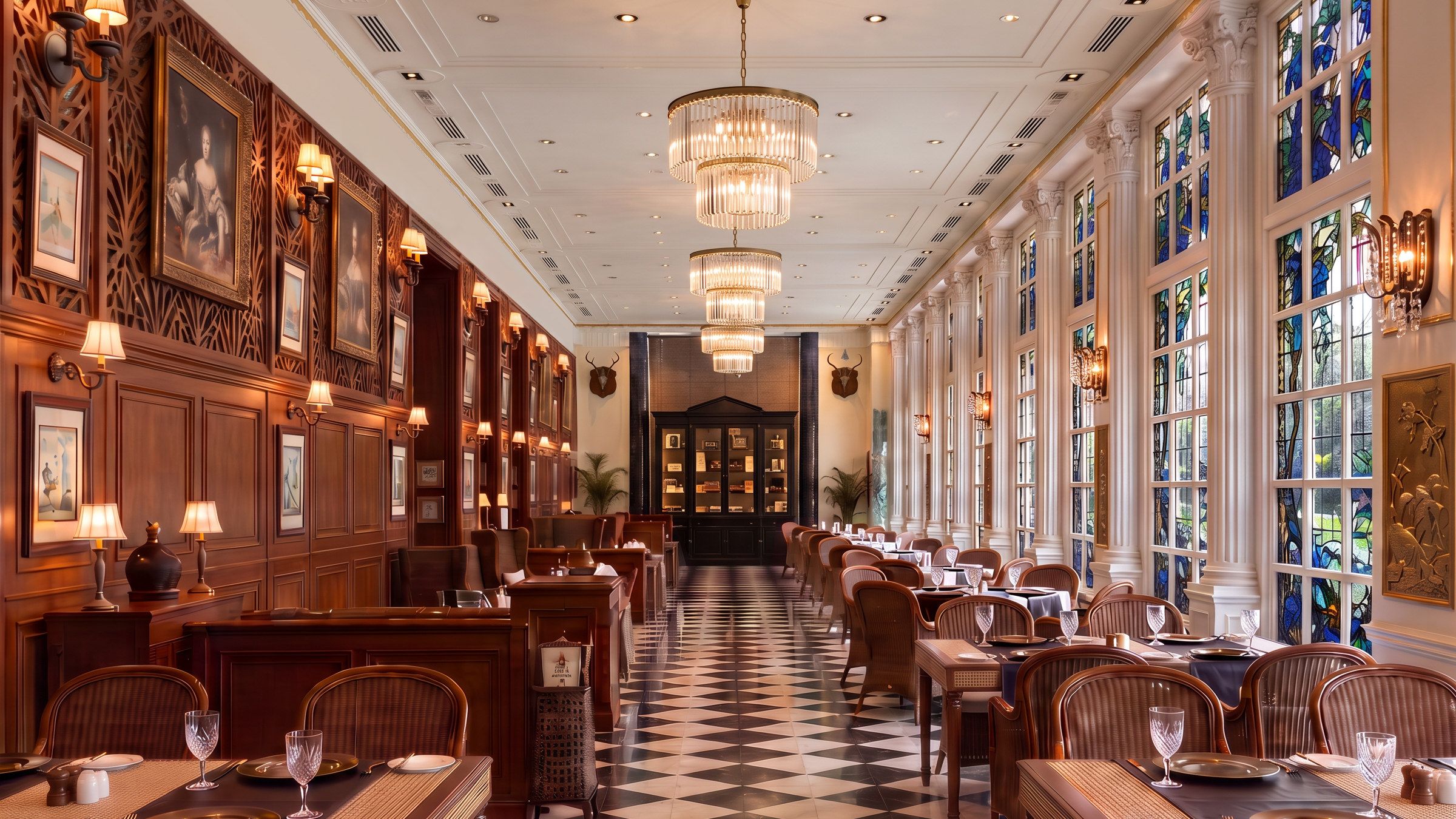 The Dining Lounge — timber-panelled dining room with stained-glass windows and crystal chandeliers at AIHP Imperial, Sector 32 Gurgaon