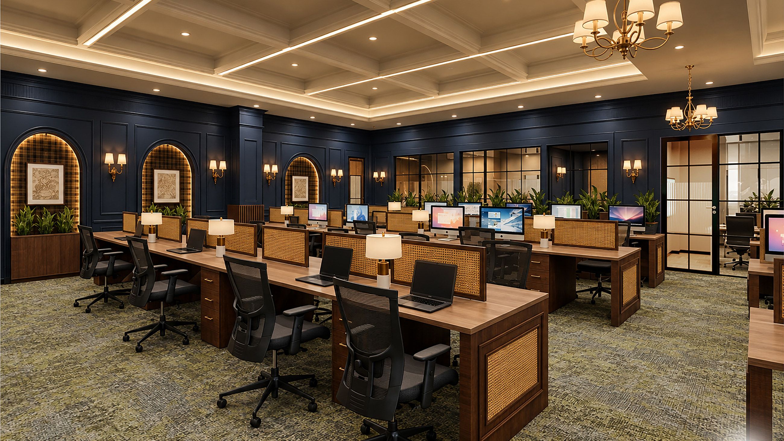 Open workstation floor with navy panelled walls at AIHP Imperial, Sector 32 Gurgaon