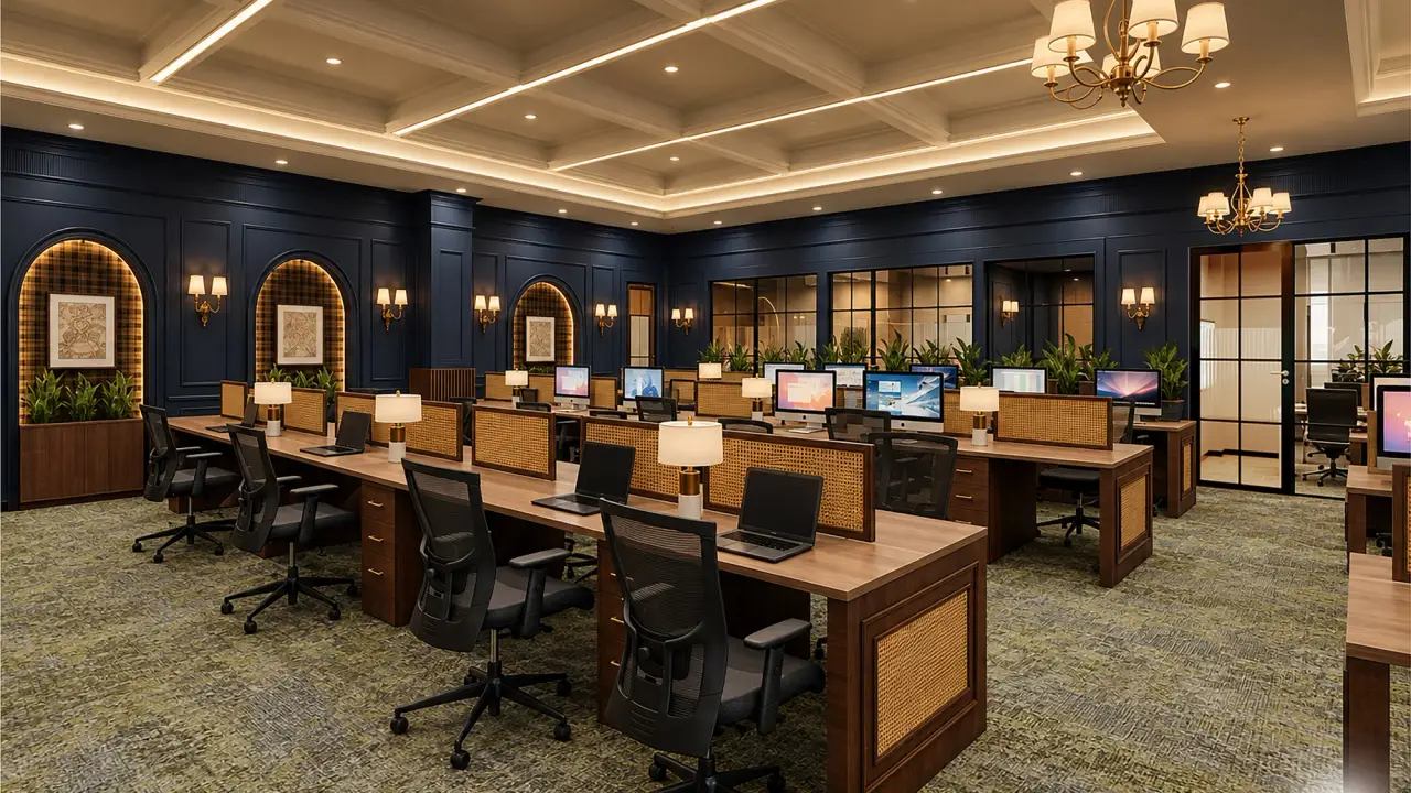 Open workstation floor with navy panelled walls, cane-screened desks and a coffered ceiling at AIHP Imperial, Sector 32, Gurgaon