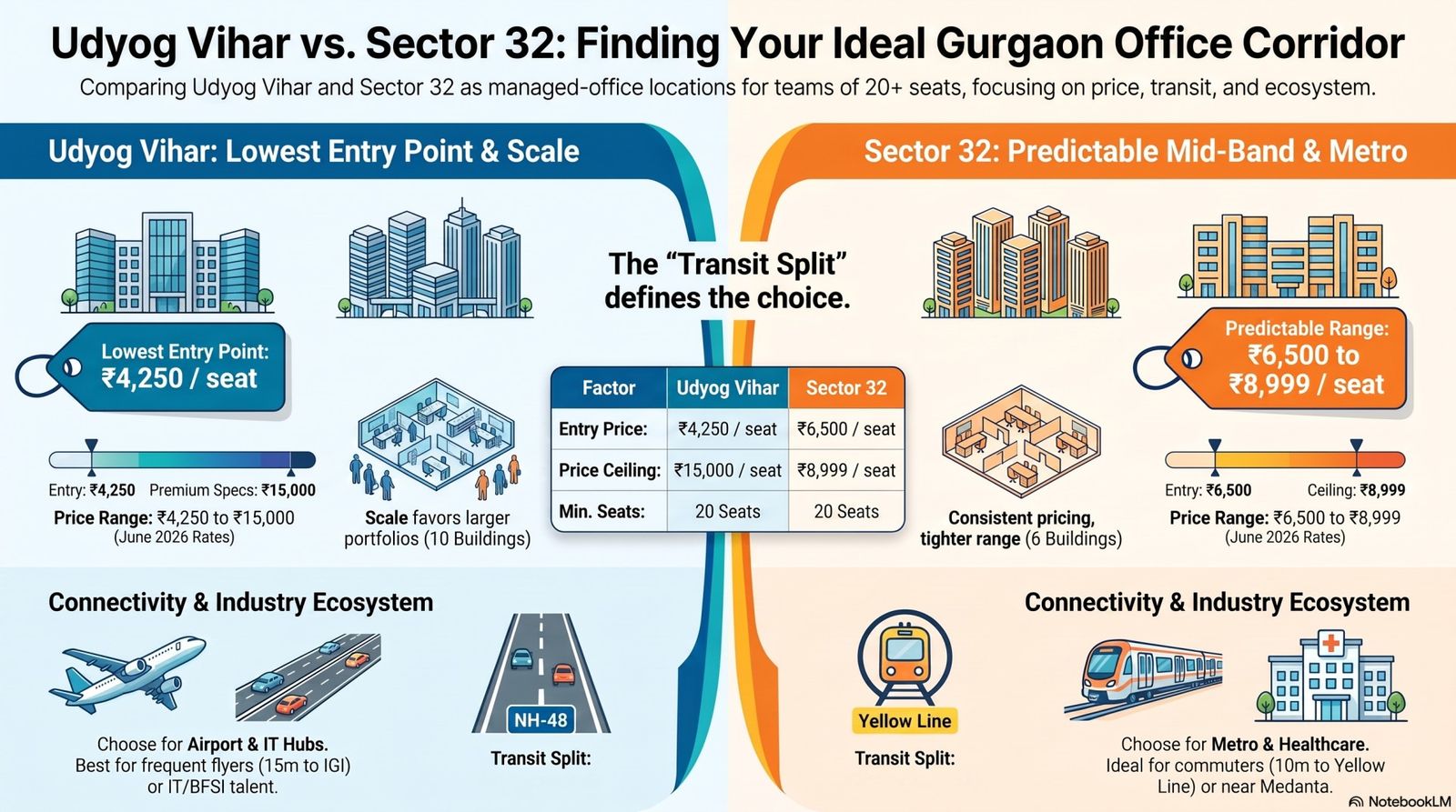 Infographic comparing Udyog Vihar (entry ₹4,250/seat, 10 buildings, NH-48) with Sector 32 (₹6,500–8,999/seat, 6 buildings, Yellow Line metro)