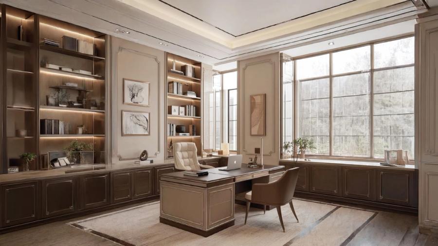 MD cabin with full-height windows and built-in joinery at AIHP Imperial, Sector 32 Gurgaon