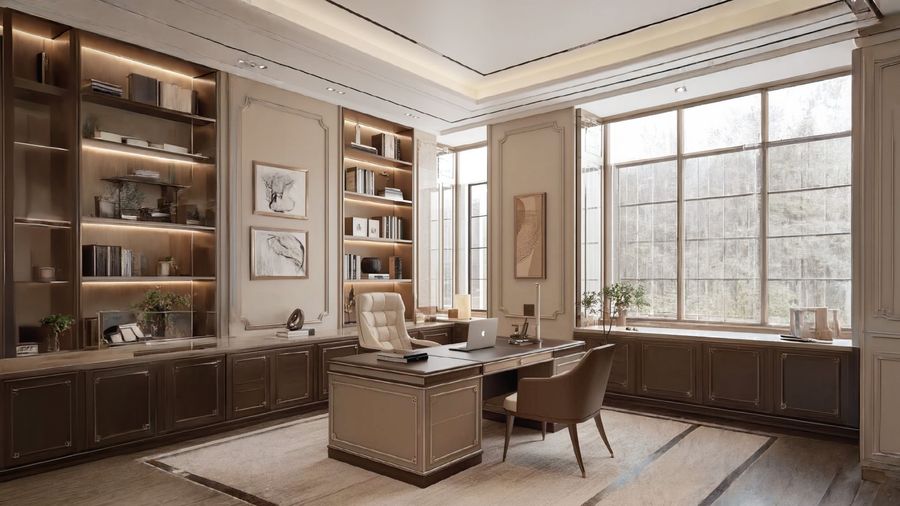 MD cabin with full-height windows and built-in joinery at AIHP Imperial, Sector 32 Gurgaon