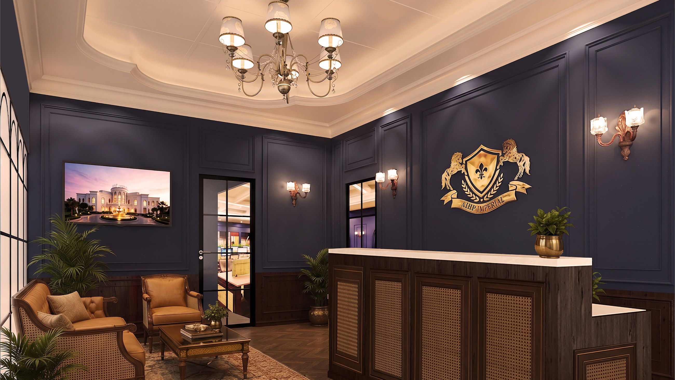 The Reception — navy-panelled reception desk beneath the gilded AIHP Imperial crest, Sector 32 Gurgaon