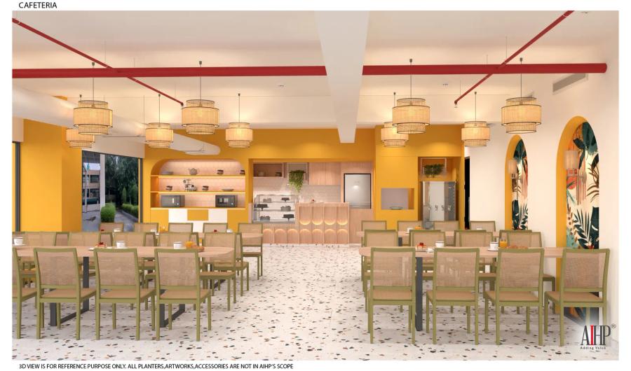 Design render of sunlit yellow cafeteria with rattan pendants, communal tables and open pantry counter, AIHP One, Golf Course Extension Road Gurgaon
