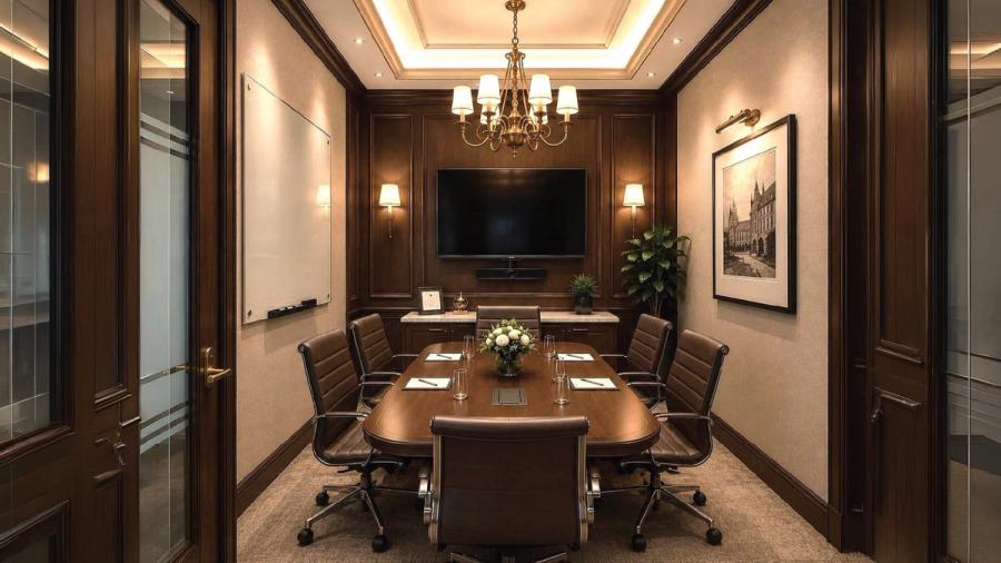 Small meeting room with wall-mounted display and chandelier at AIHP Imperial, Sector 32 Gurgaon