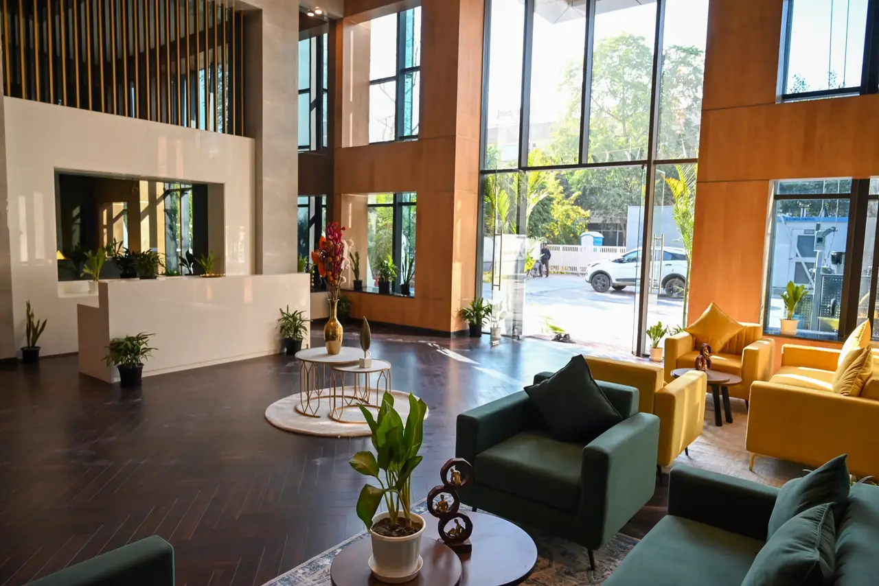 AIHP Skyline reception desk and double-height lobby, Sector 32, Gurgaon