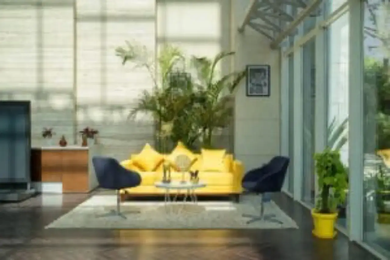 Lounge with a yellow sofa, indoor plants and glass partitions, in an AIHP managed office in Gurgaon