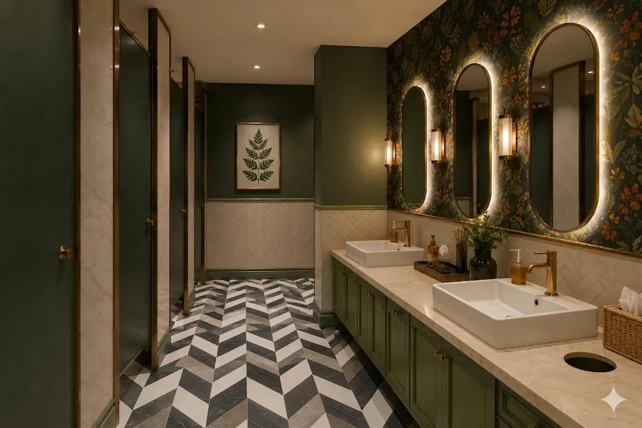 Design render of green washroom with botanical wallpaper, brass-framed mirrors and chevron tile floor, AIHP One, Golf Course Extension Road Gurgaon