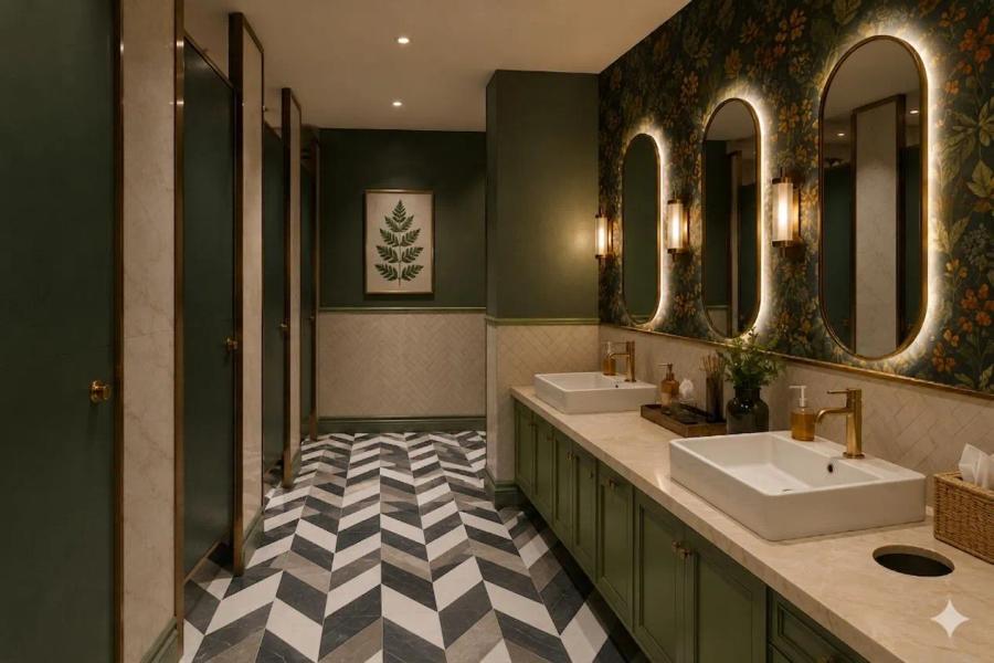 Design render of green washroom with botanical wallpaper, brass-framed mirrors and chevron tile floor, AIHP One, Golf Course Extension Road Gurgaon