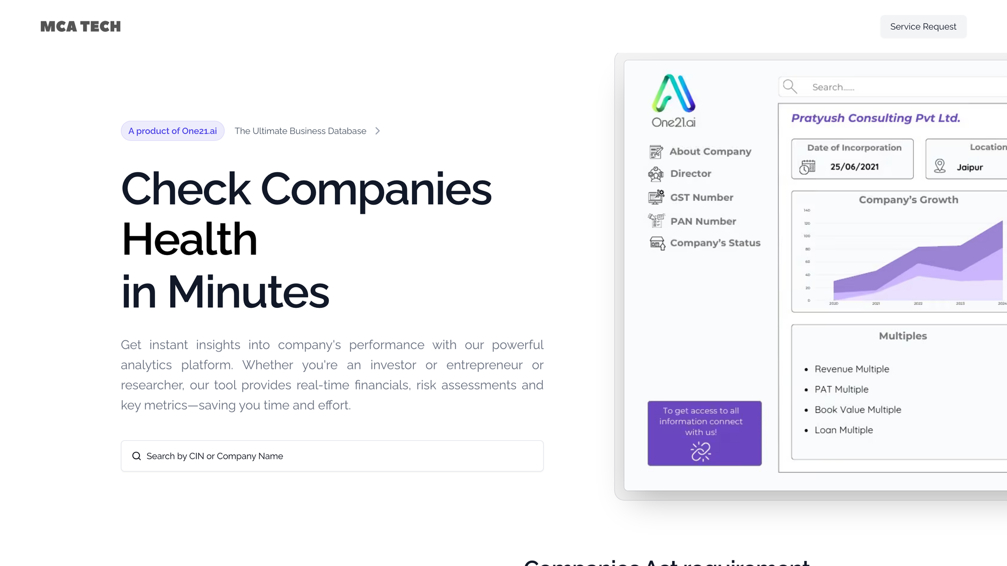 MCA Tech landing page, “Check Companies Health in Minutes”, beside a company financials dashboard
