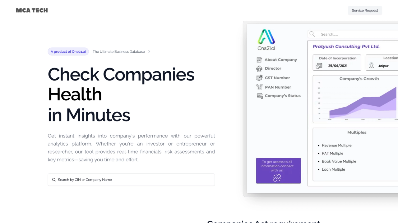 MCA Tech landing page, “Check Companies Health in Minutes”, beside a company financials dashboard