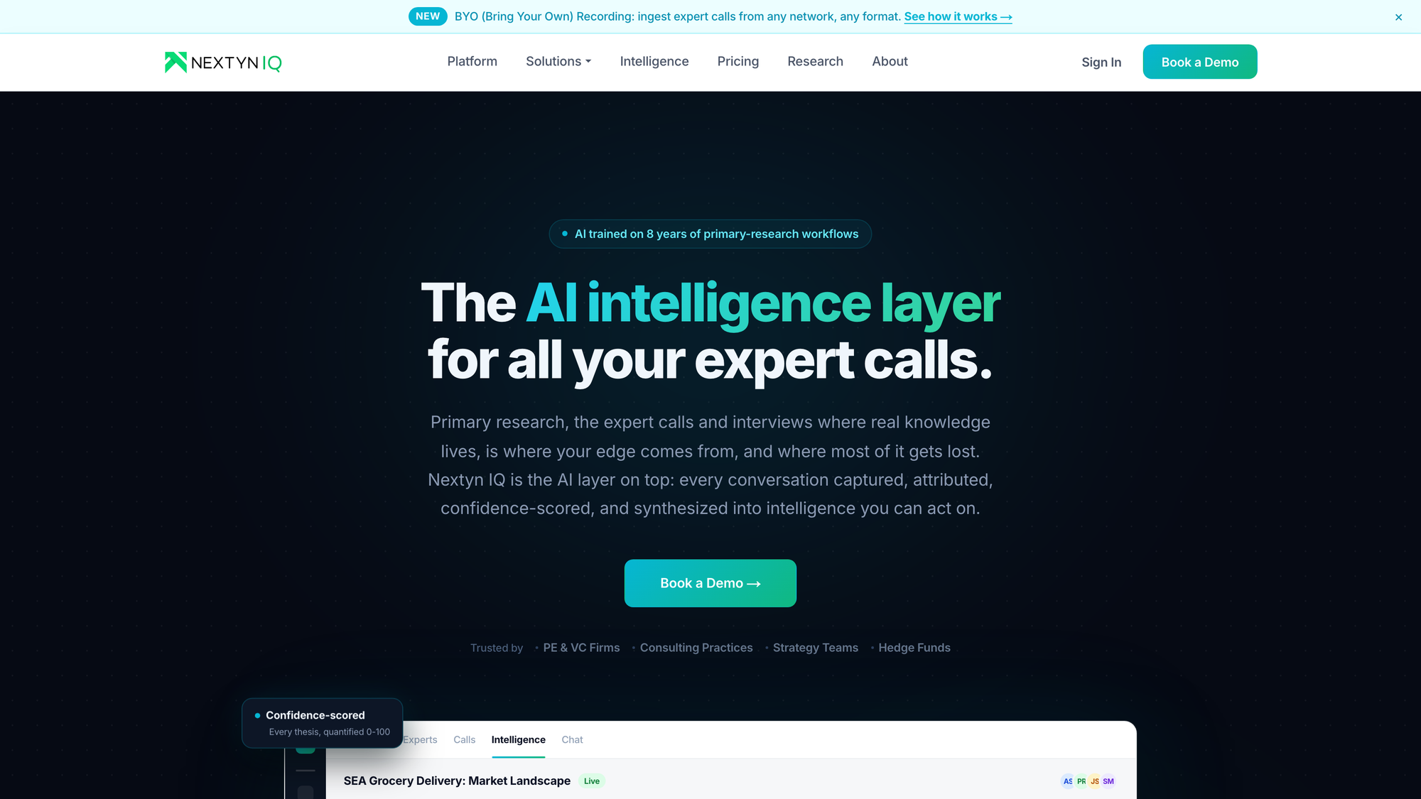 Nextyn IQ homepage, “The AI intelligence layer for all your expert calls”, on a dark background