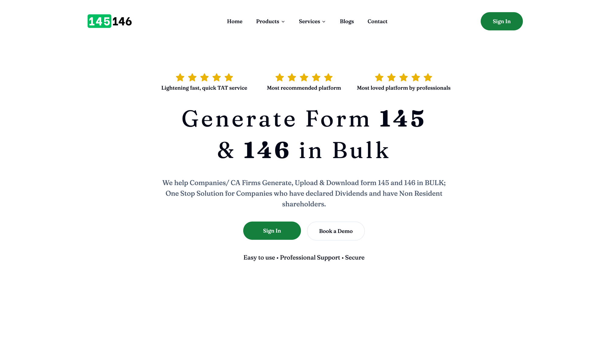 15CACB homepage, “Generate Form 145 & 146 in Bulk”, with five-star ratings and a sign-in button