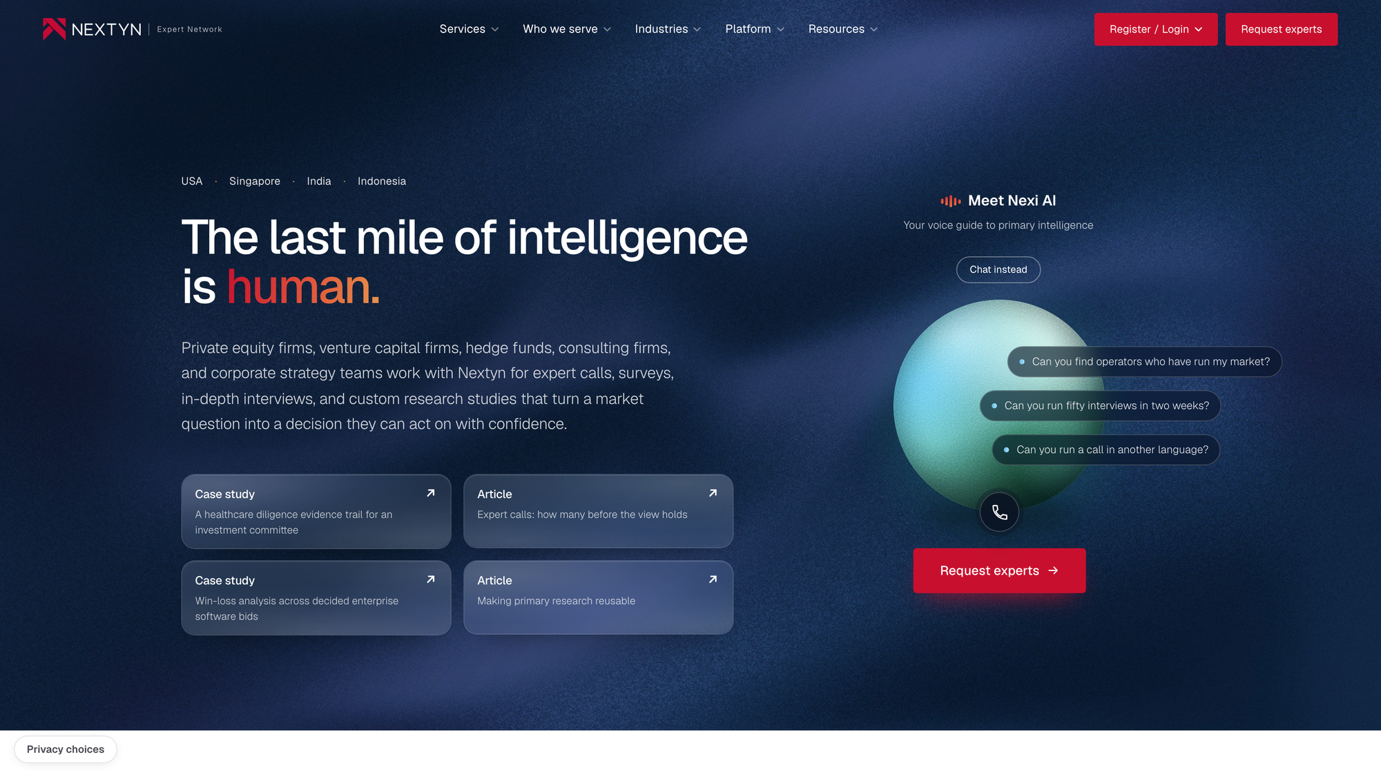 Nextyn homepage, “The last mile of intelligence is human”, beside the Nexi AI voice assistant