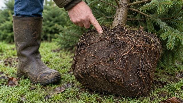 Een hand wijst naar de stevige, doorwortelde kluit van een jonge kerstboom op het gras.