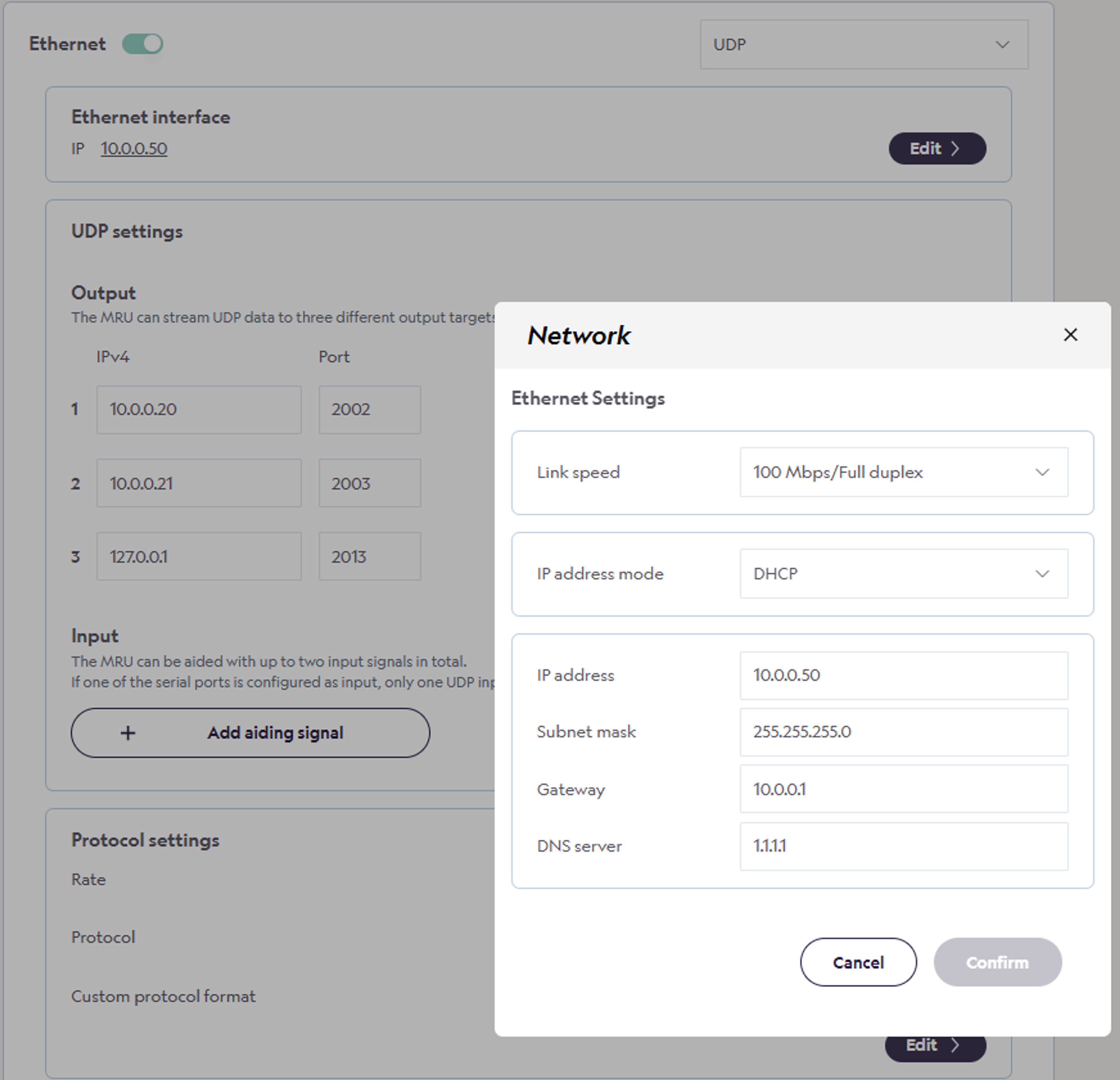 MRU Configurator - Ethernet settings