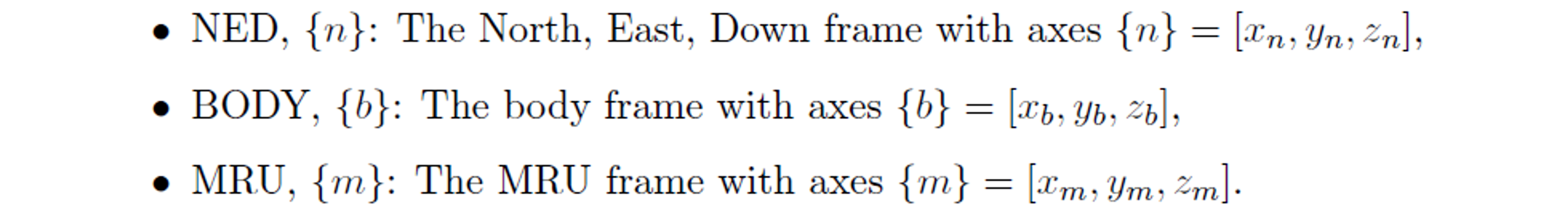 Reference frames NED - Body - MRU notations