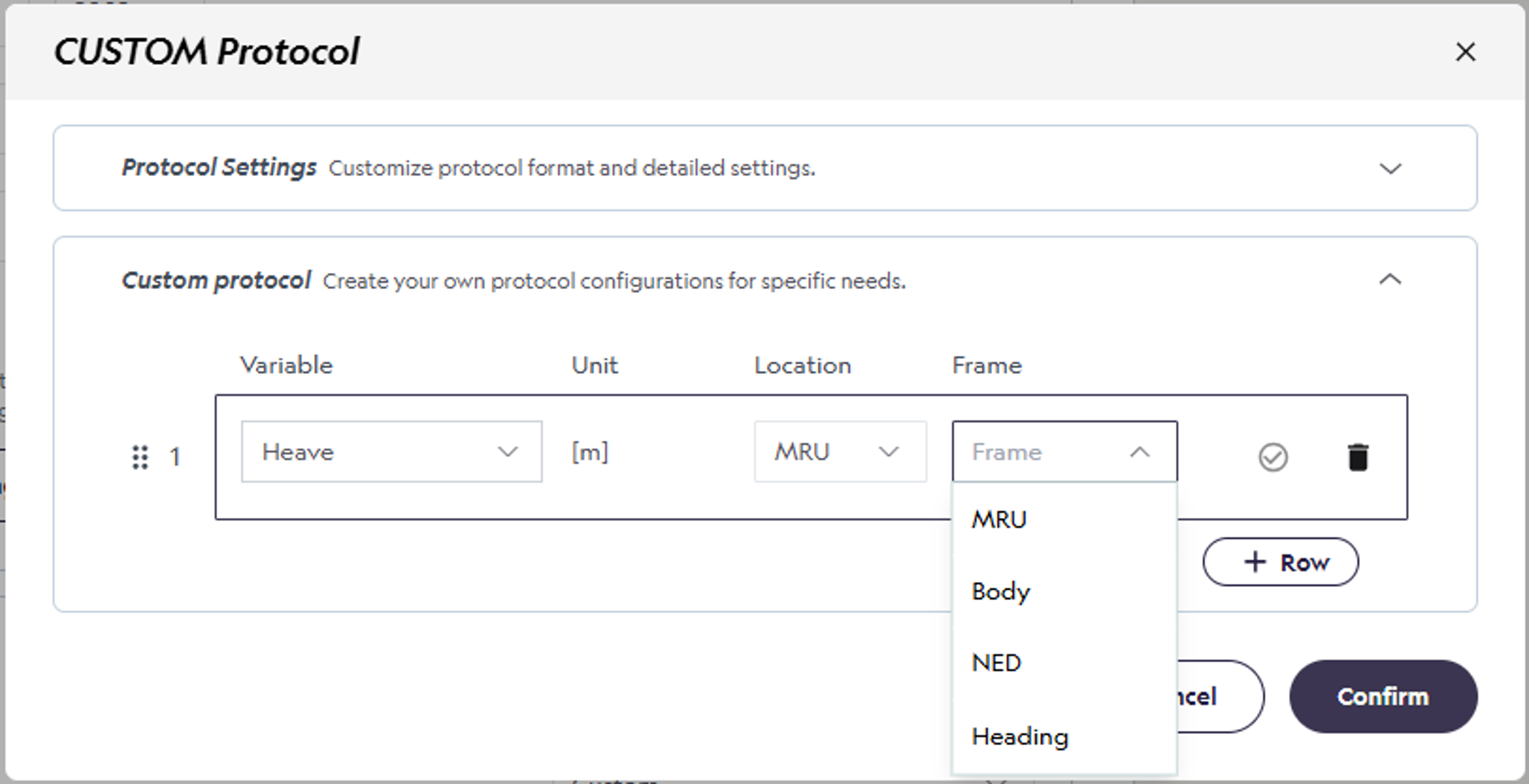 How to select MRU, body, NED and Heading frames for heave, surge and sway