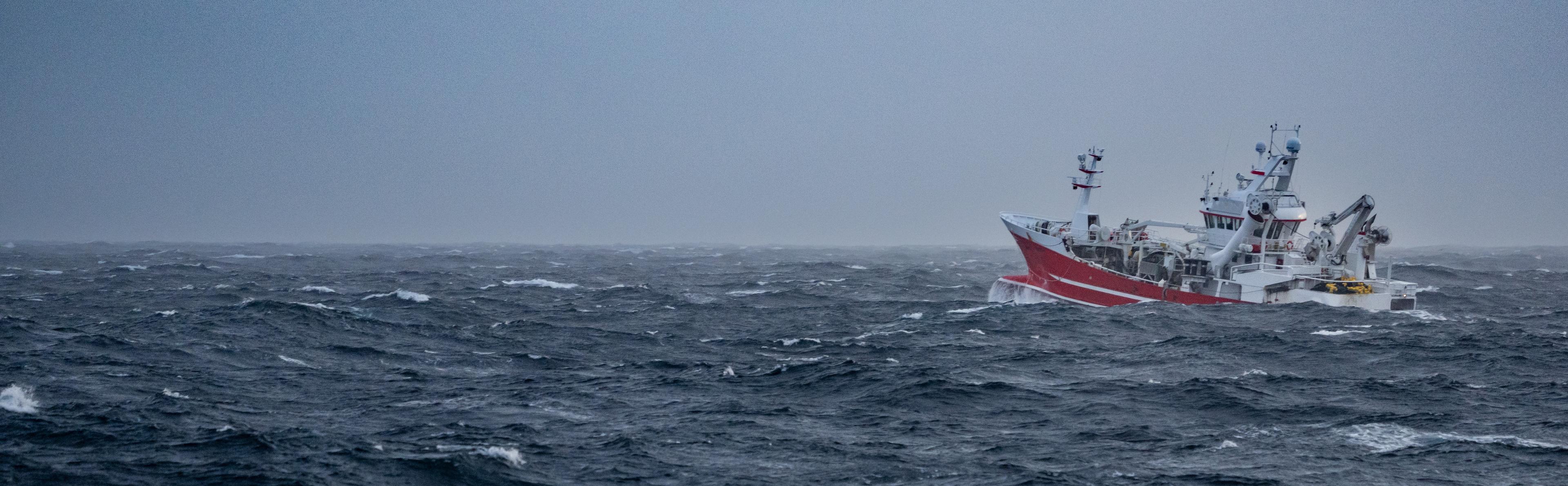 picture of Fishing boat trawler sailing out at rough sea