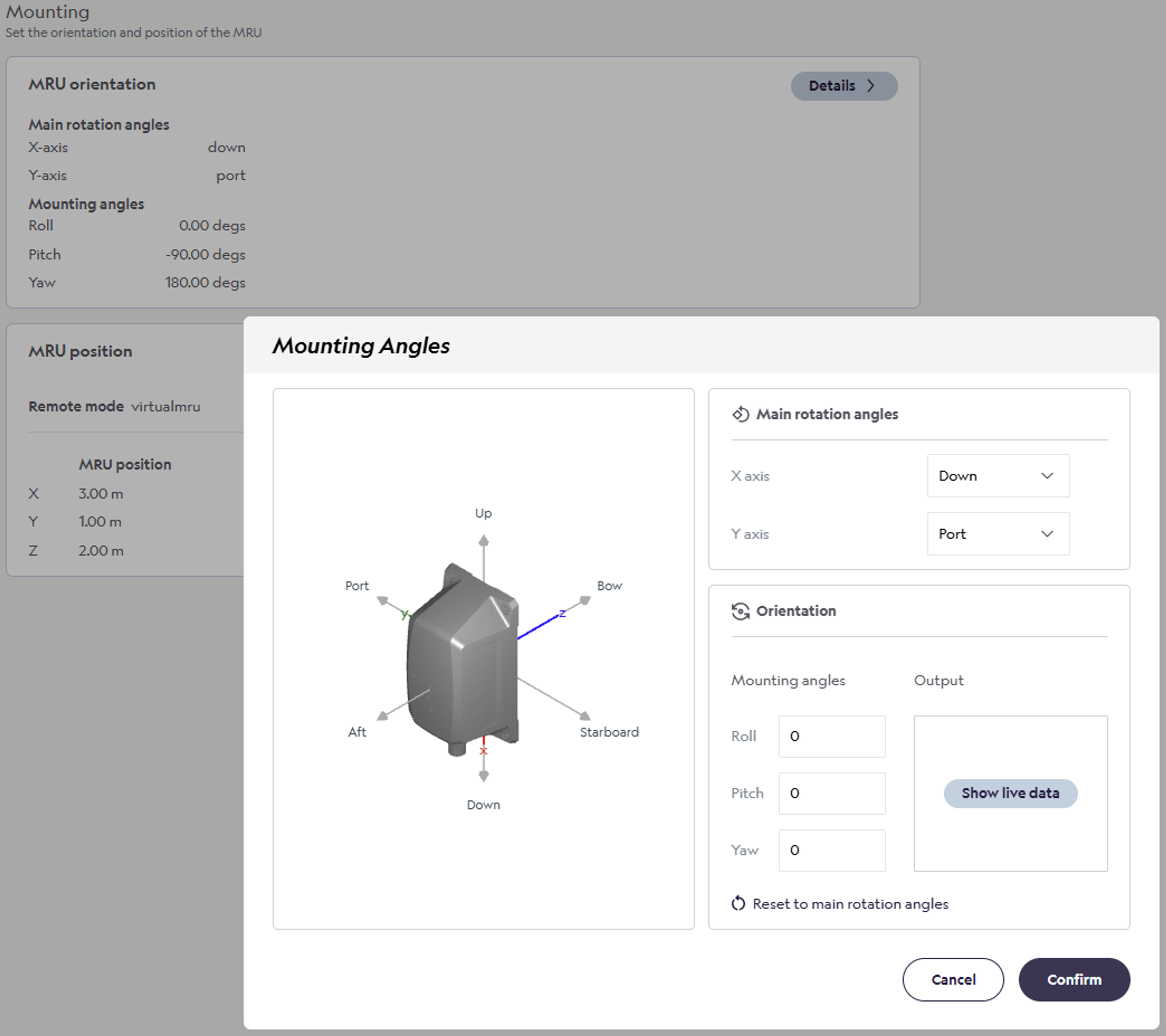 Setting mounting angles in the MRU configurator