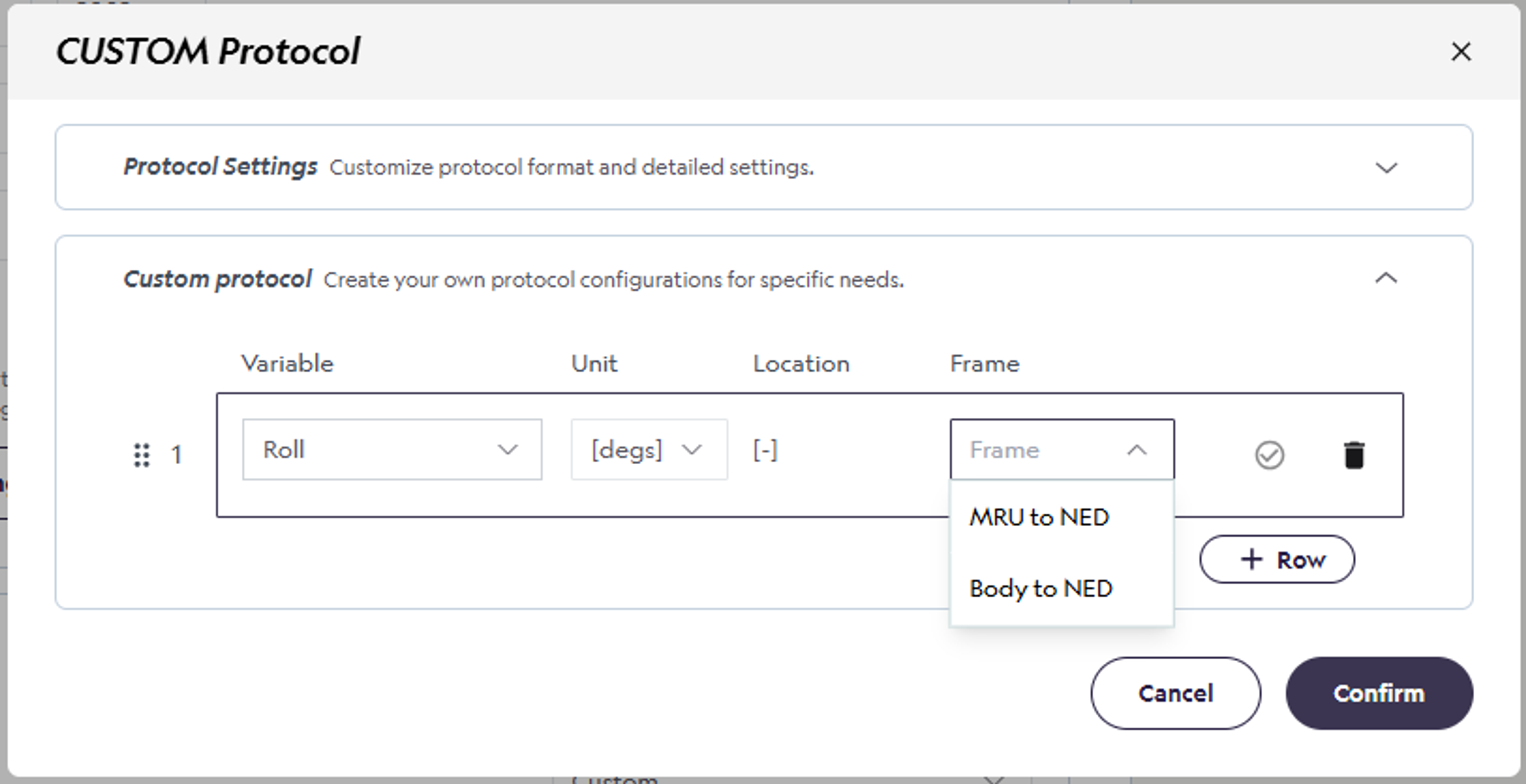 MRU to NED and Body to NED reference frame selection for roll and pitch