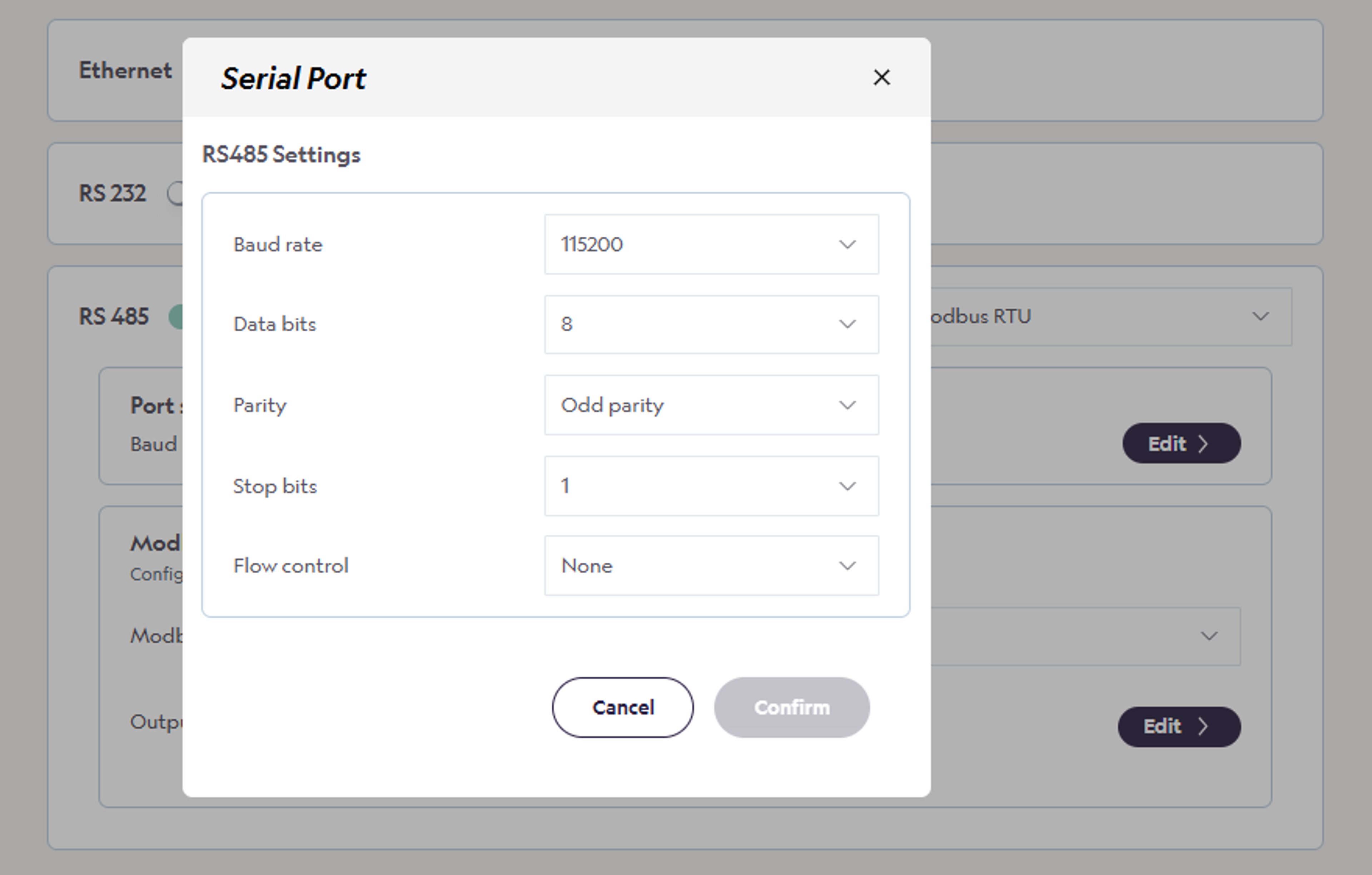 MRU configurator - set RS-485 with modbus RTU