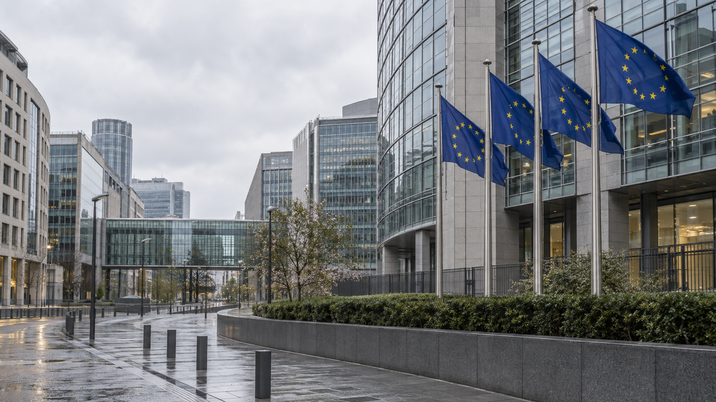 AI-generated editorial illustration of glass-fronted European institutional architecture and EU flags.