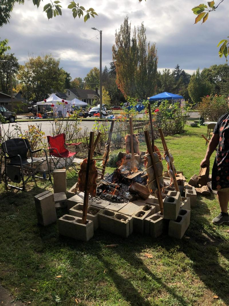 Salmon fillets roast on wooden stakes around an open fire ringed with cinder blocks, outdoors on a lawn.