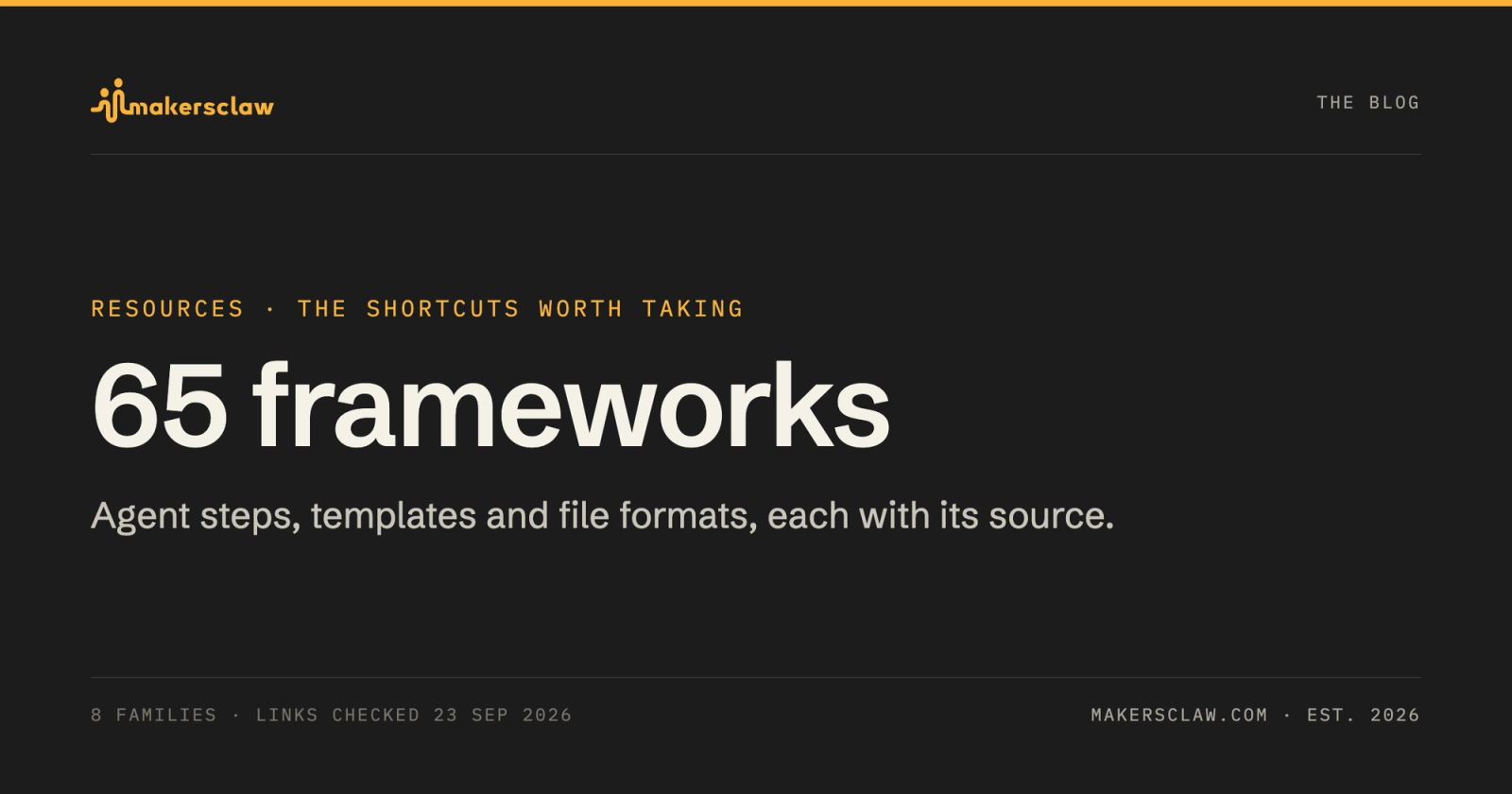 Makersclaw card: Resources — 65 frameworks. Agent steps, templates and file formats, each with its source.