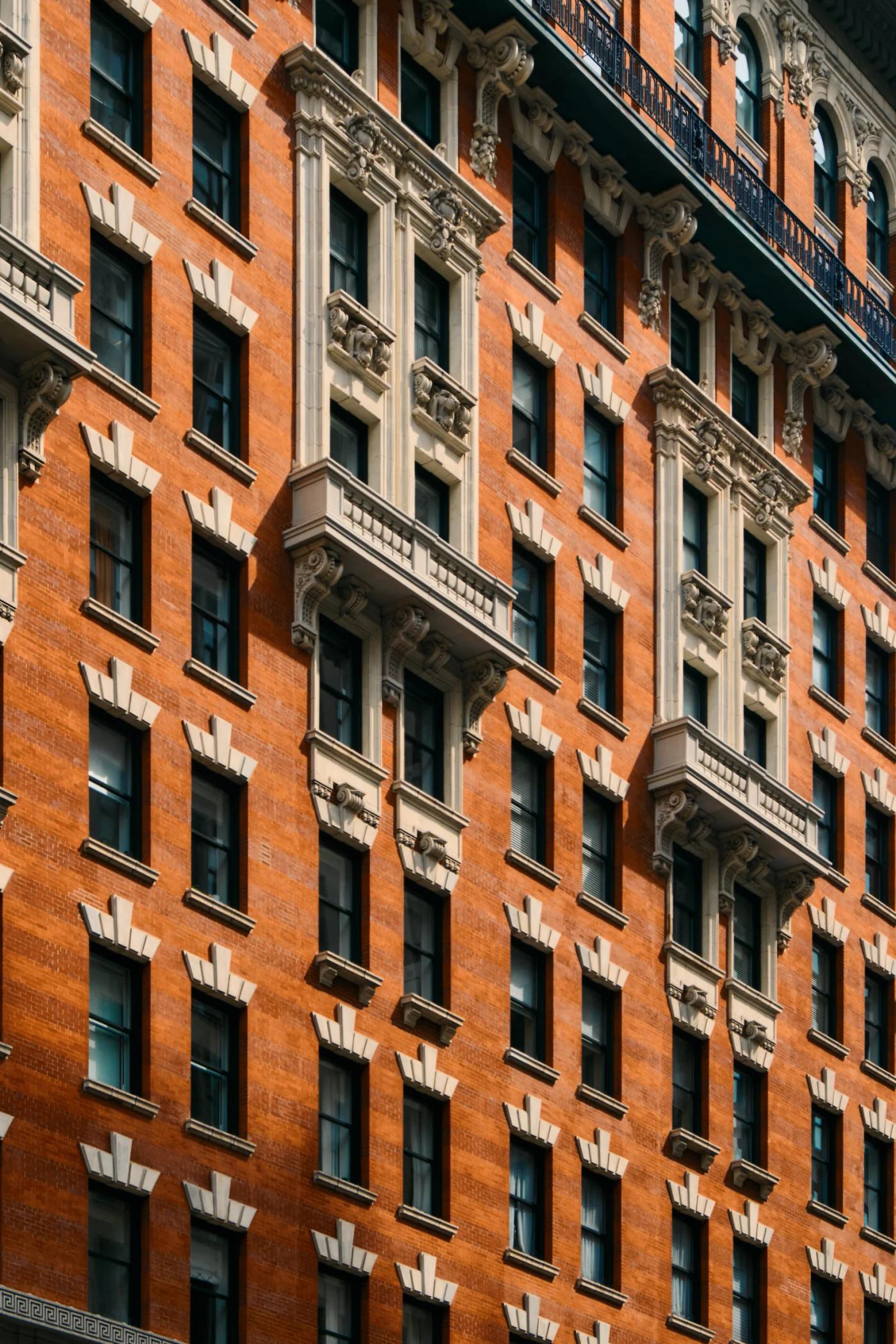 A red brick building with white trim and black accents stands tall, adorned with balconies and windows.