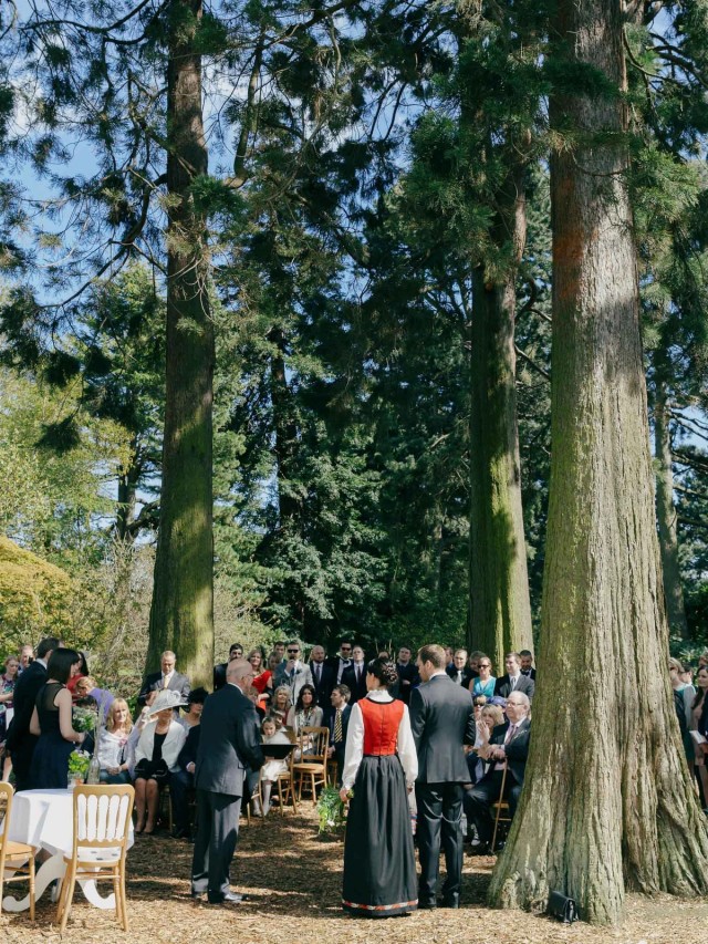 Outdoor wedding ceremony beneath towering redwood trees, bride in red and groom facing guests seated on wooden chairs.