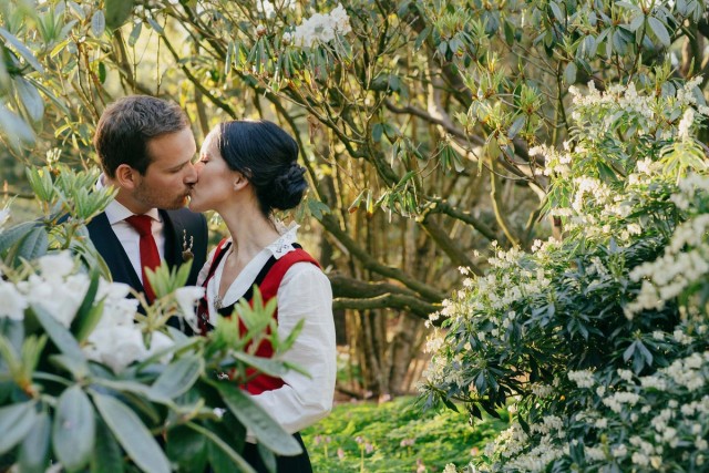 Couple kissing among blooming rhododendrons in the lush Botanic Garden, wearing traditional Nordic attire in warm golden light.