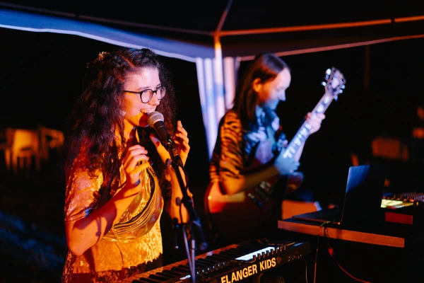 Female singer performs at wedding reception with live band — warm stage lighting, energetic entertainment moment.