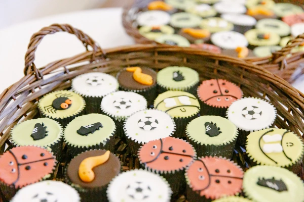 Two wicker trays of decorated wedding cupcakes with colourful fondant toppers including football, ladybird, and animal motifs. Personalised wedding cake detail.