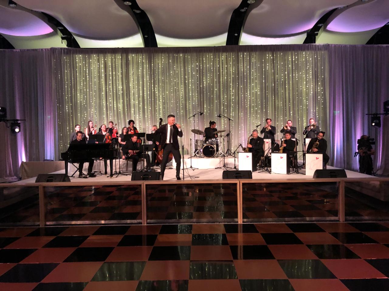 A group of professional musicians for hire, entertaining guests at a wedding or corporate event.