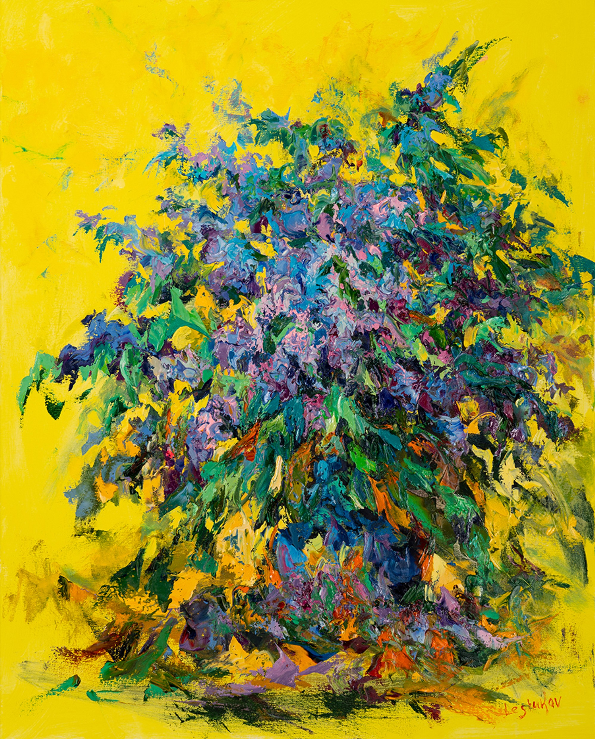 Lilacs With Yellow Background, oil on canvas, by Vitaly Leshukov
