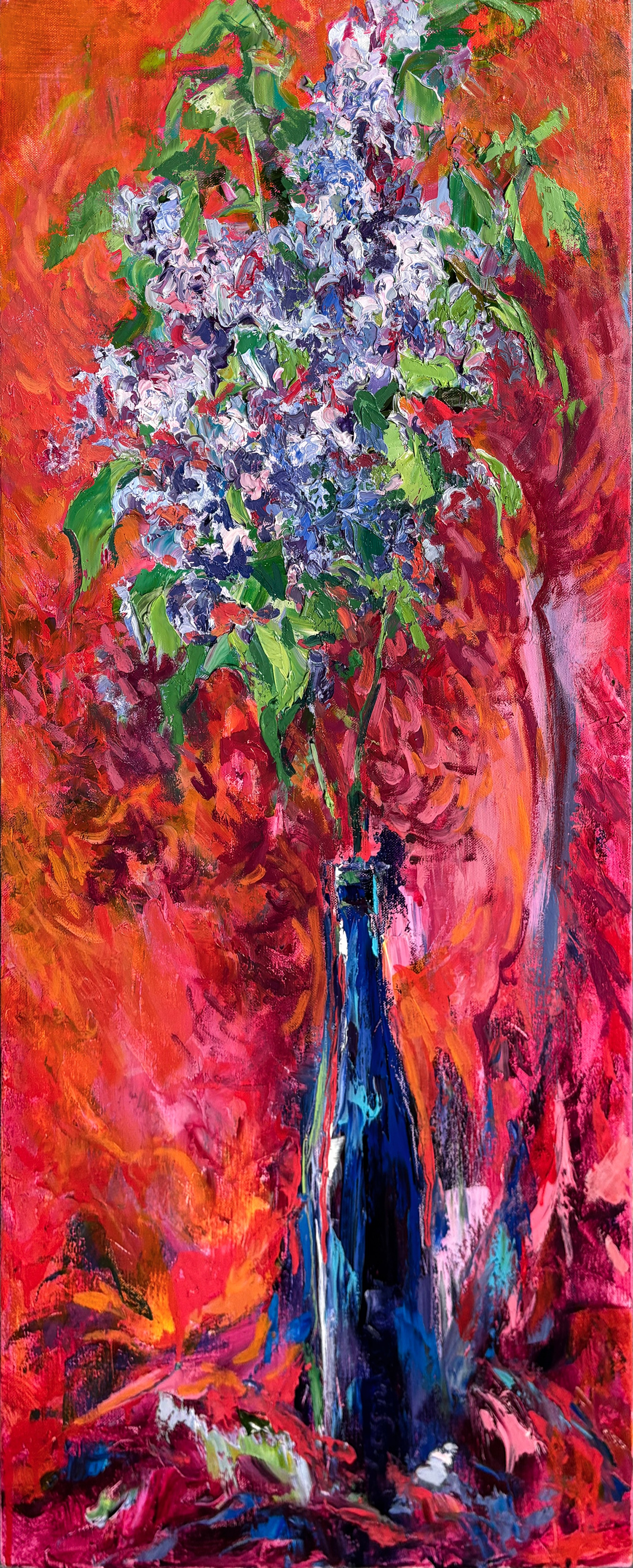 Lilas con fondo rojo, oil on canvas, by Vitaly Leshukov