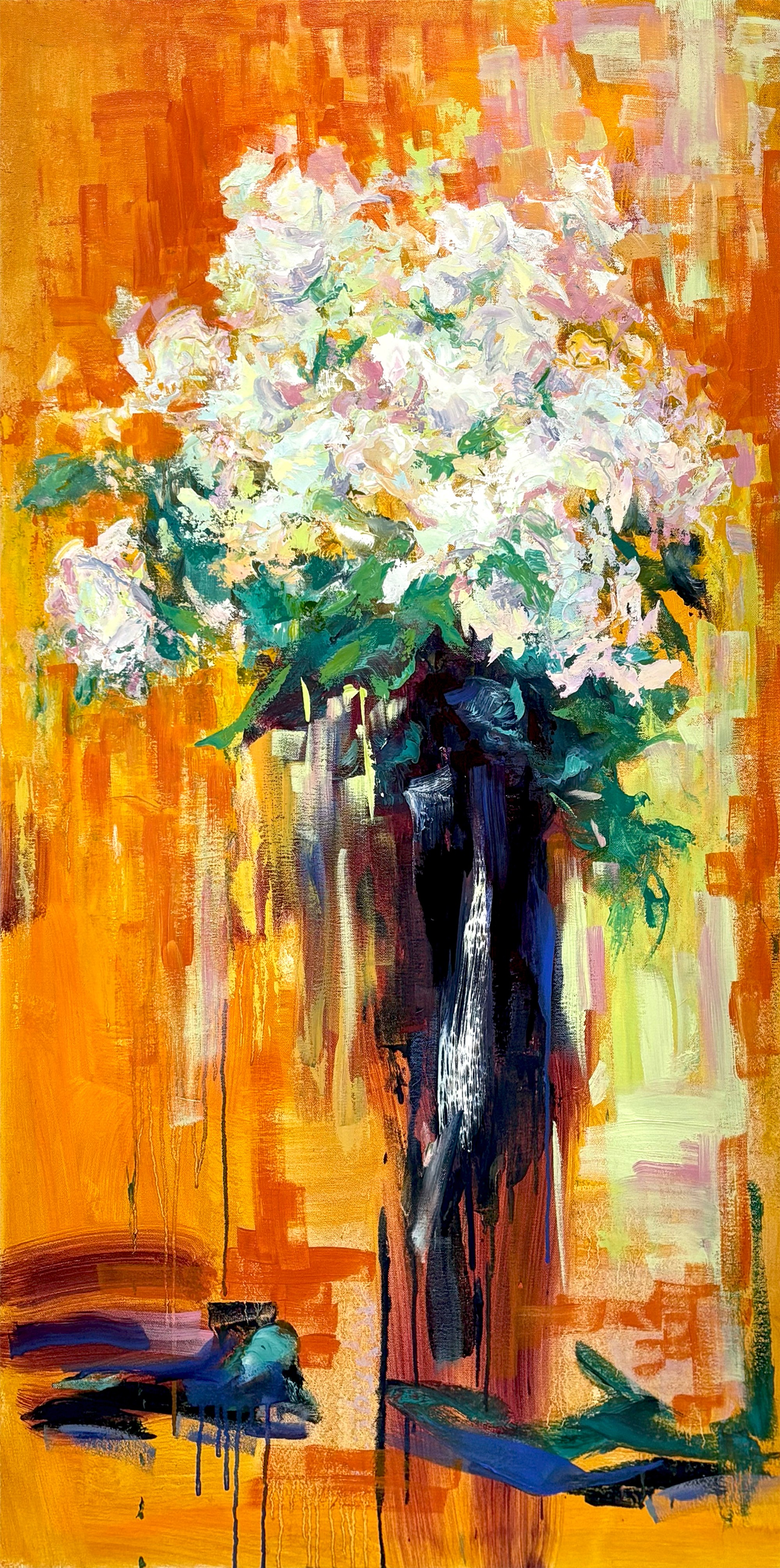 Rosas blancas con fondo amarillo, oil on canvas, by Vitaly Leshukov