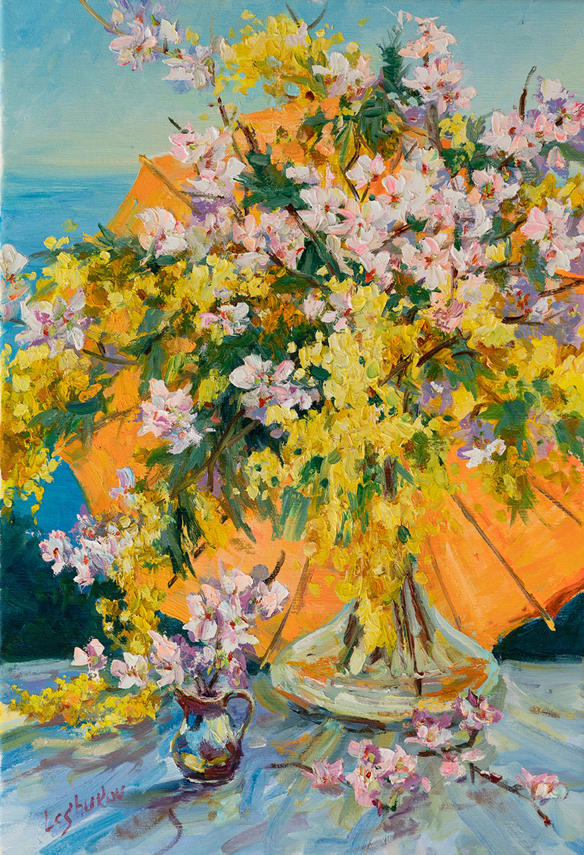 Mimosa And Almond Flowers And Umbpella, oil on canvas, by Vitaly Leshukov